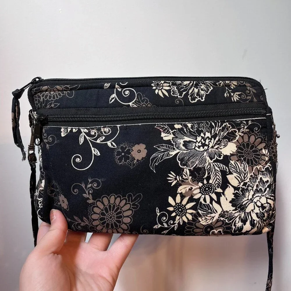 Black and‎ Cream Floral Crossbody Bag w Adjustable Strap